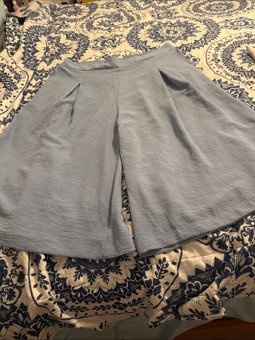Light Blue Wide-Leg Culotte Pants — Women's High-Rise Style